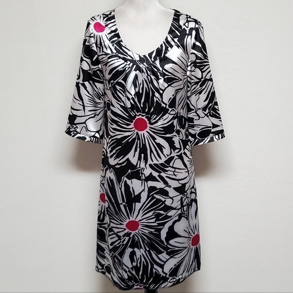 VINTAGE 90s Chico's Black Fuschia Satin Abstract Floral V-neck Shift Dress - Picture 2 of 11